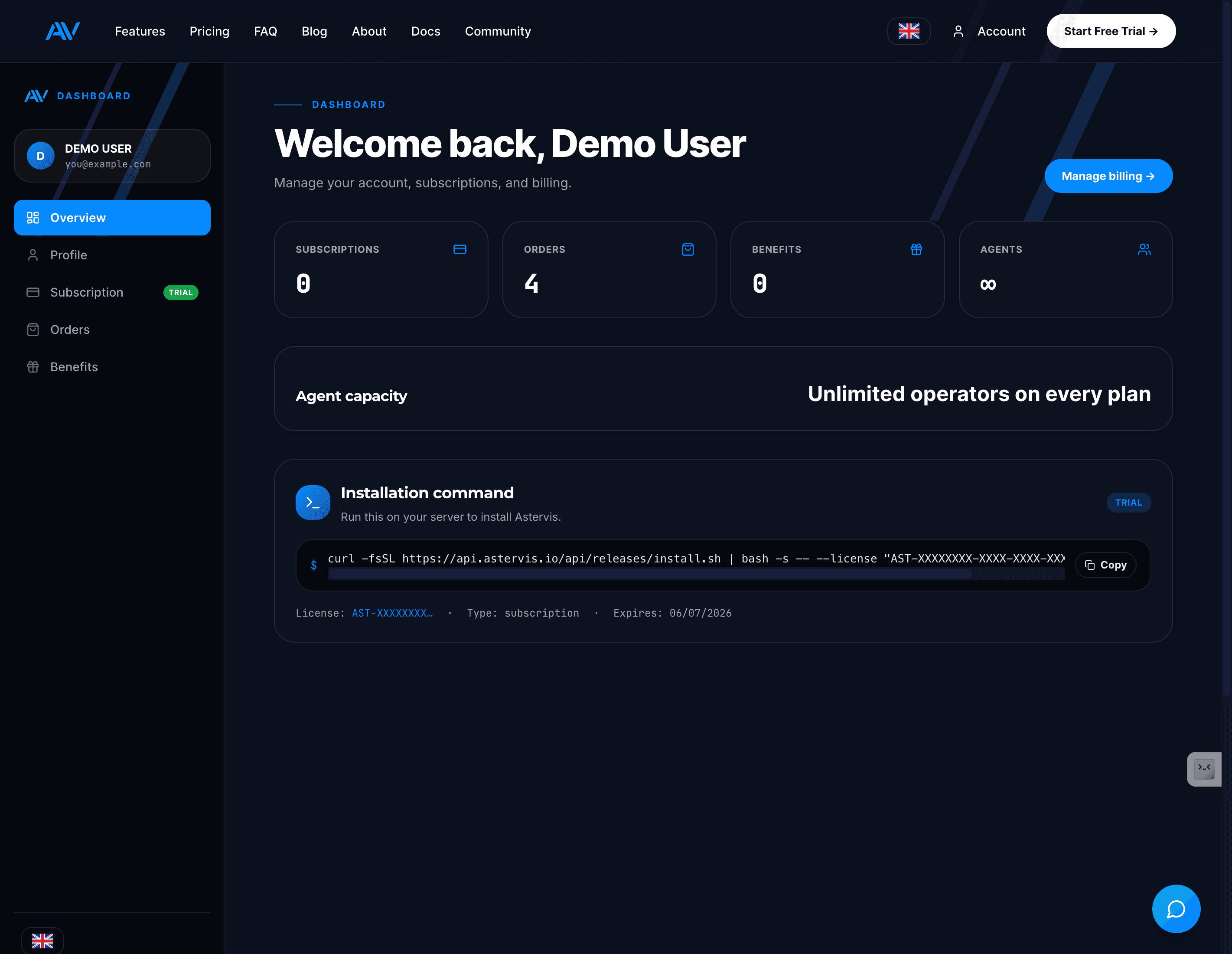 Astervis account dashboard